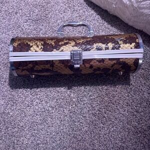 Unbranded Cylindrical Hard Case Women OS Gold Brown Good Metallic Fan Pattern